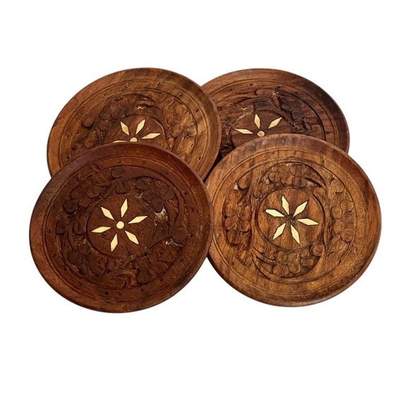 Vintage Set of 4 Wood Carved Coasters Trivets MCM Mid Century Modern Boho - Picture 2 of 8